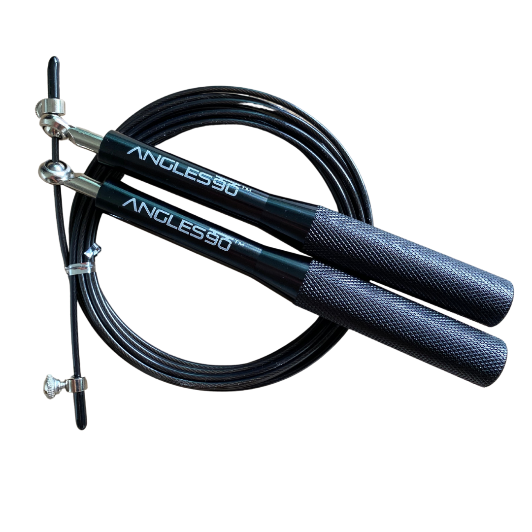 A A90 Jump Rope with metal handles and an adjustable steel cable, isolated on a black background.